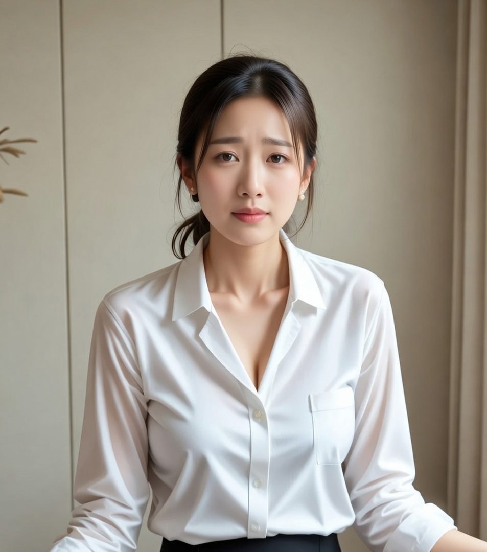 A photorealistic portrait of a young East Asian woman with brown hair tied in a ponytail, wearing a white blouse, looking directly at the viewer with a serene expression.