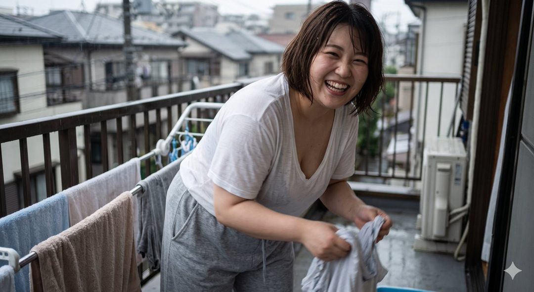 A smiling Japanese woman in a white t-shirt and grey sweatpants is doing laundry on a balcony on a rainy day.