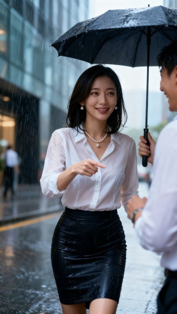 A woman in a white blouse and black skirt smiles while standing in the rain under an umbrella held by a man.