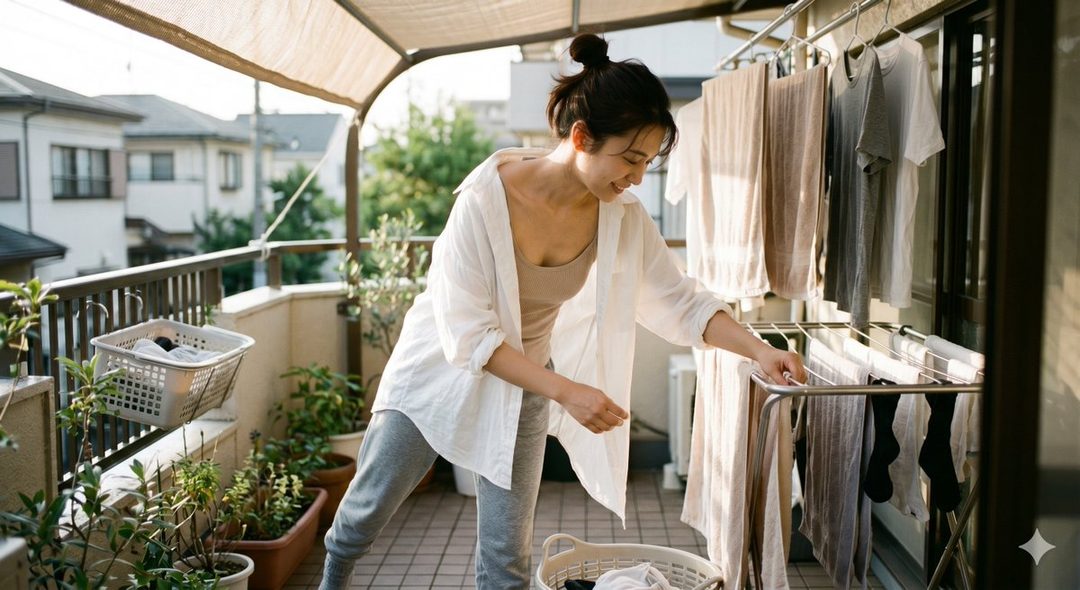 A young woman with her hair tied up is hanging laundry on a balcony on a sunny day.