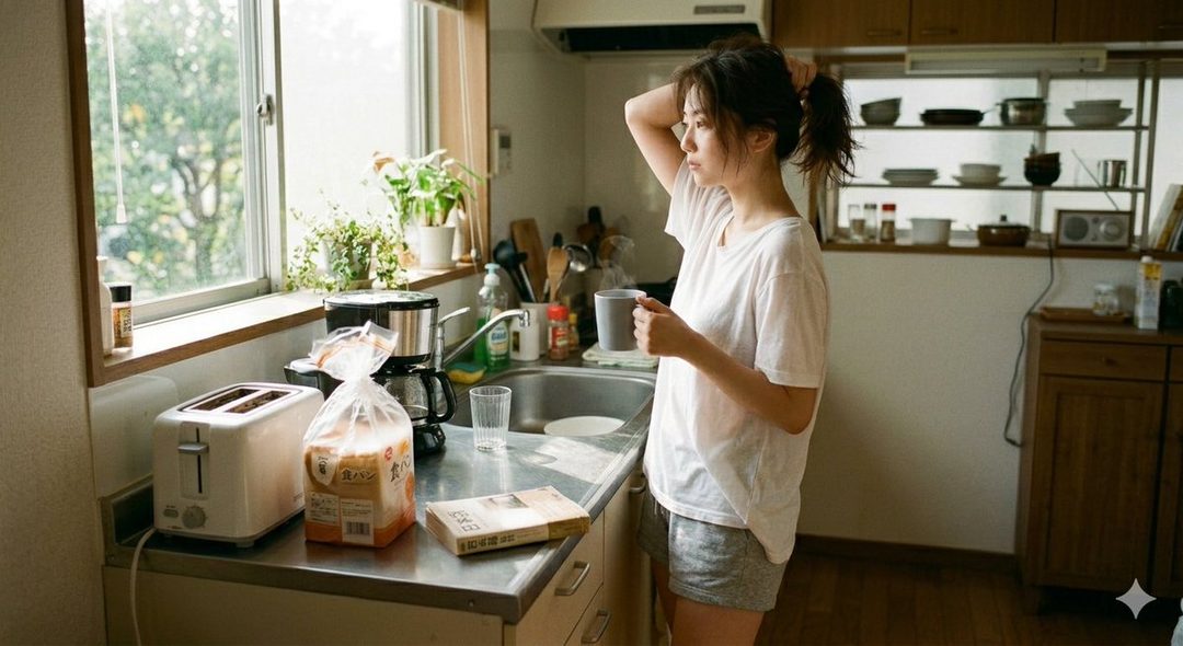 A young woman in a white t-shirt and shorts ties her hair back while holding a mug in a sunlit kitchen.