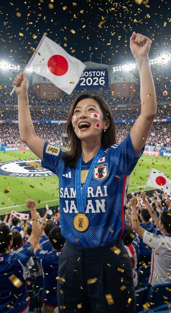 A Japanese woman in a blue soccer jersey with face paint and a medal, cheering with a Japanese flag in a stadium with confetti falling.