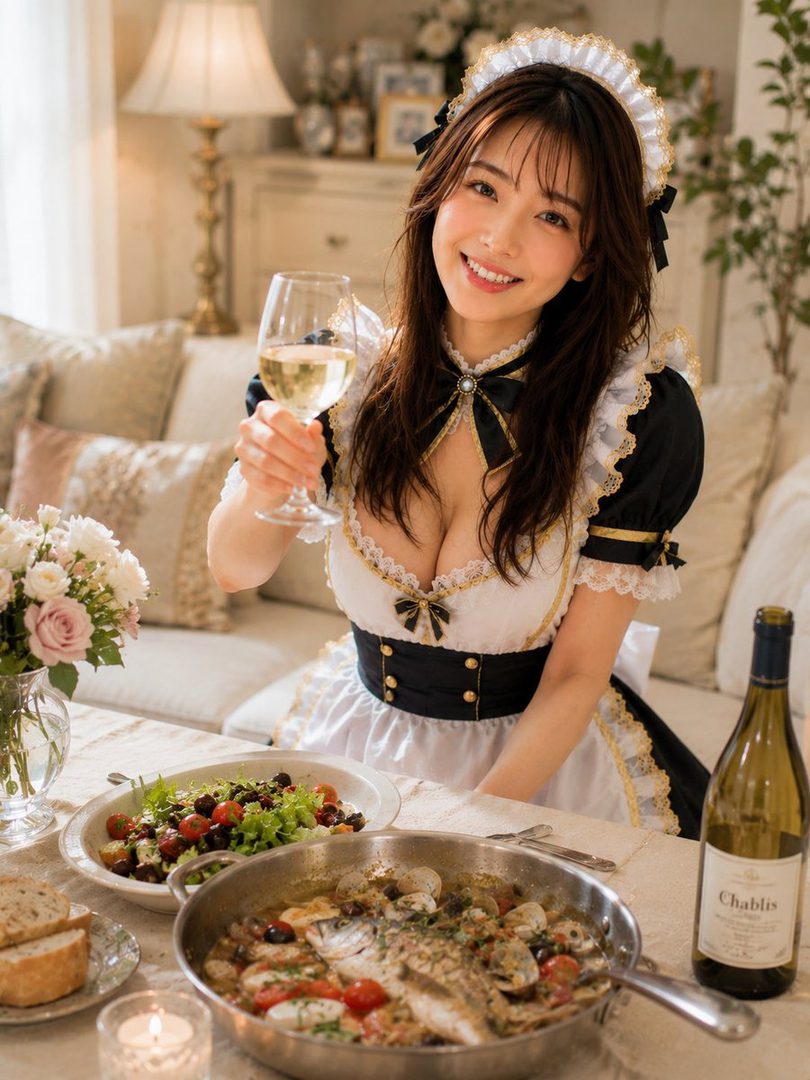 A smiling woman in a maid outfit holds up a glass of white wine, sitting at a dining table with food and a bottle of Chablis.