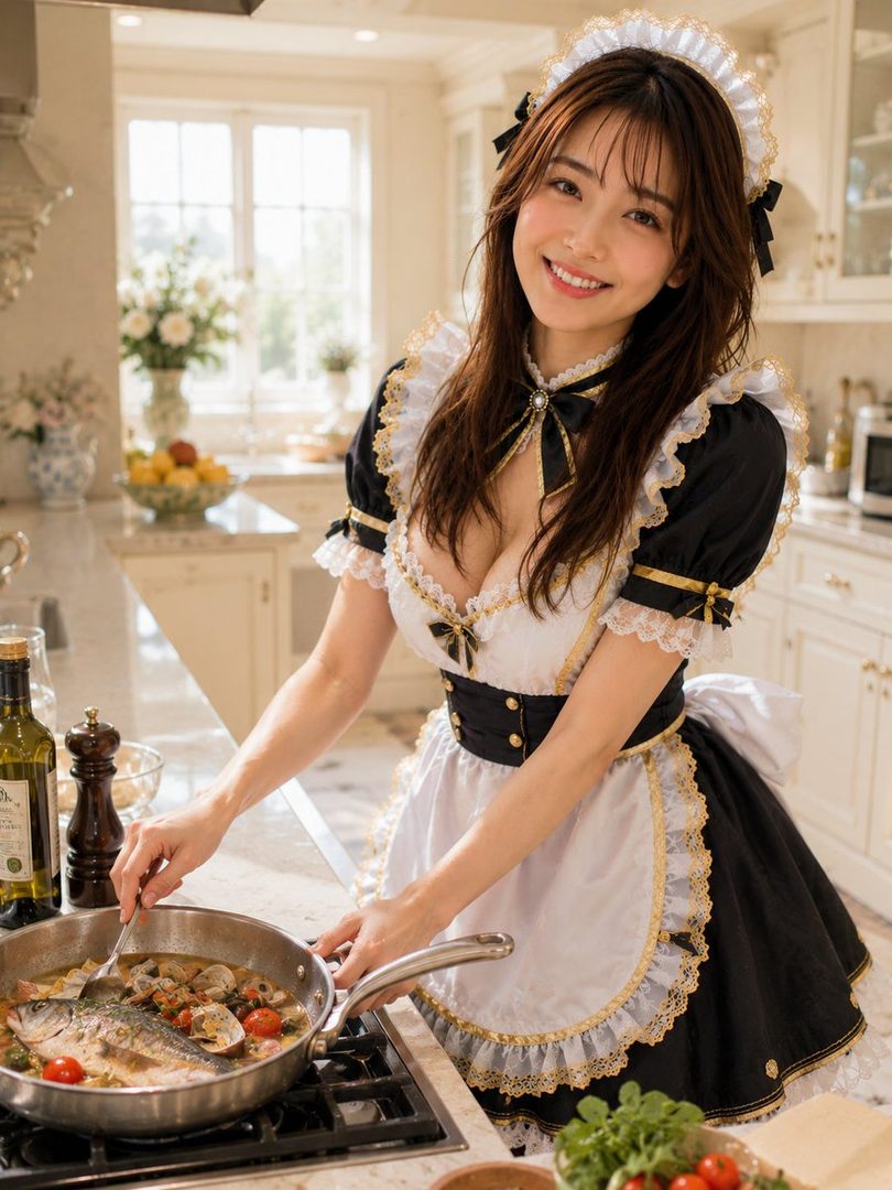 A smiling woman in a maid outfit is cooking fish in a pan in a bright kitchen.