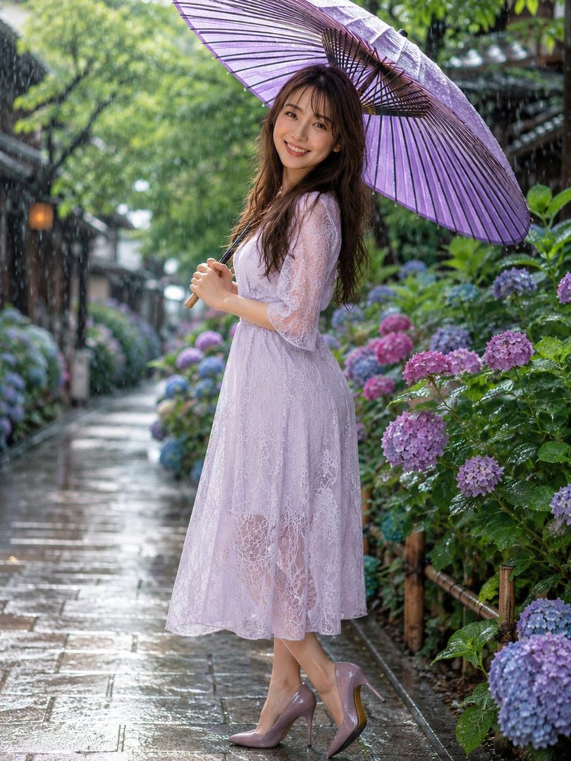 A smiling woman in a light purple lace dress holds a matching umbrella on a rainy street lined with hydrangeas.