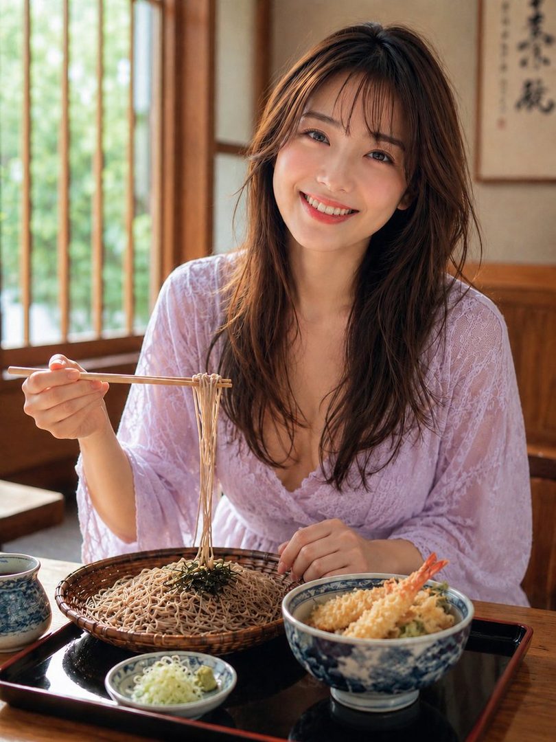 A smiling woman with long brown hair and bangs is eating soba noodles and tempura at an indoor restaurant.