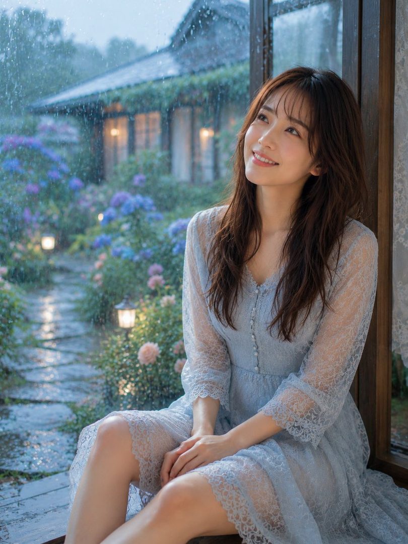 A beautiful woman with long brown hair in a light blue lace dress sits by a window, looking out at a rainy garden with hydrangeas and a traditional house in the background.