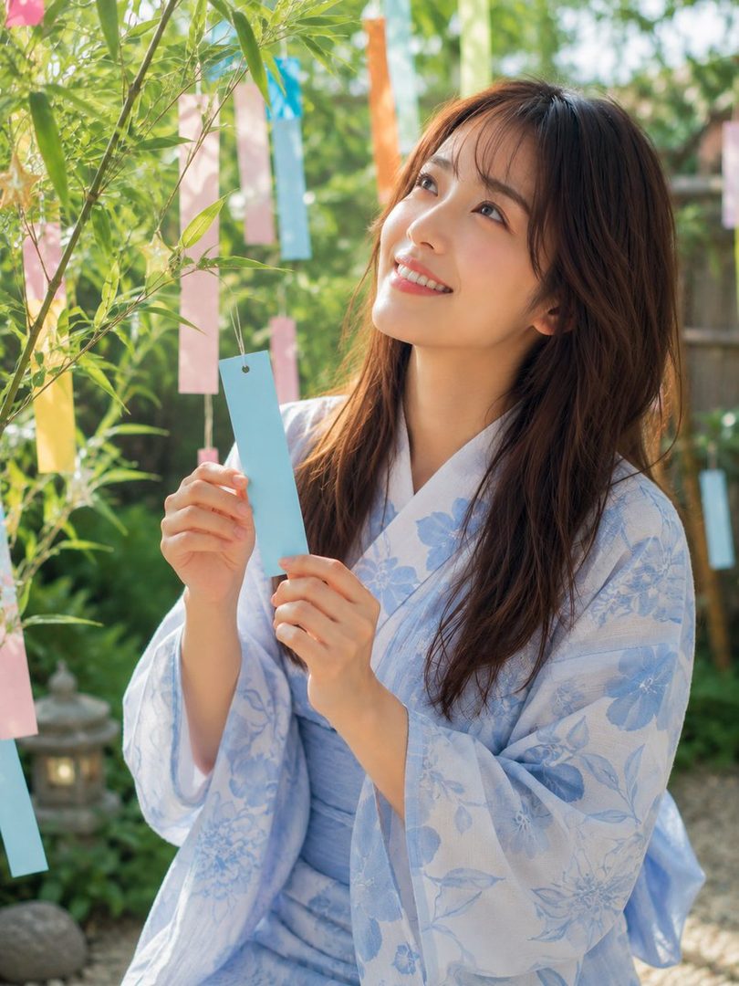 A young woman in a light blue yukata smiles while looking up at colorful paper strips hanging from bamboo branches in a garden.