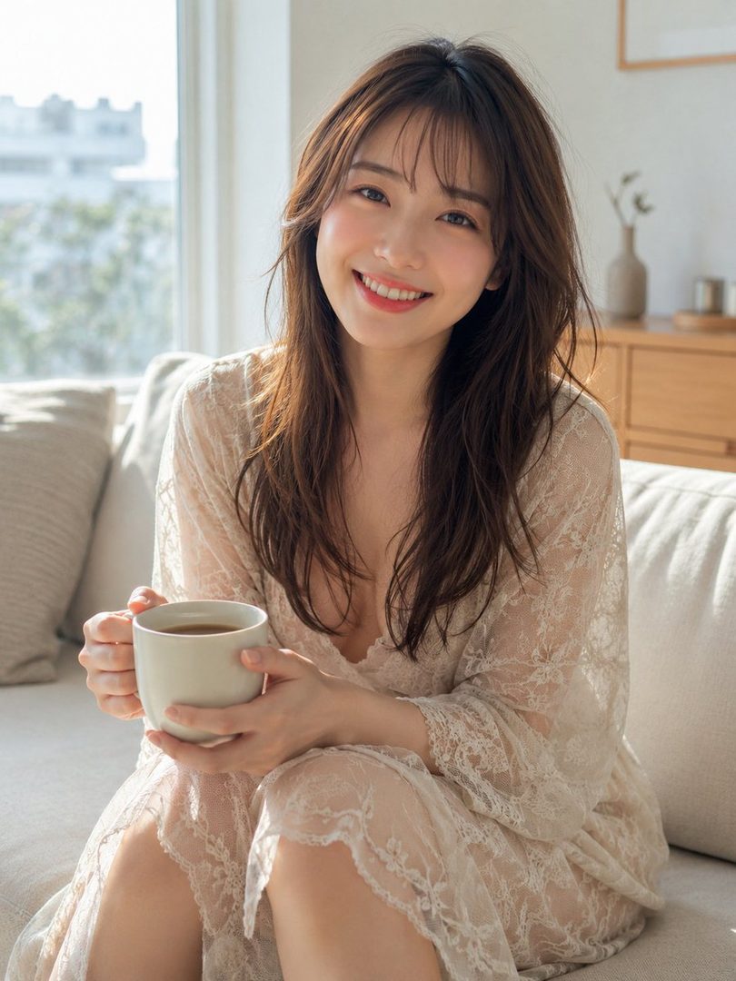 A smiling woman with long brown hair sits on a couch, holding a mug, wearing a sheer lace dress.