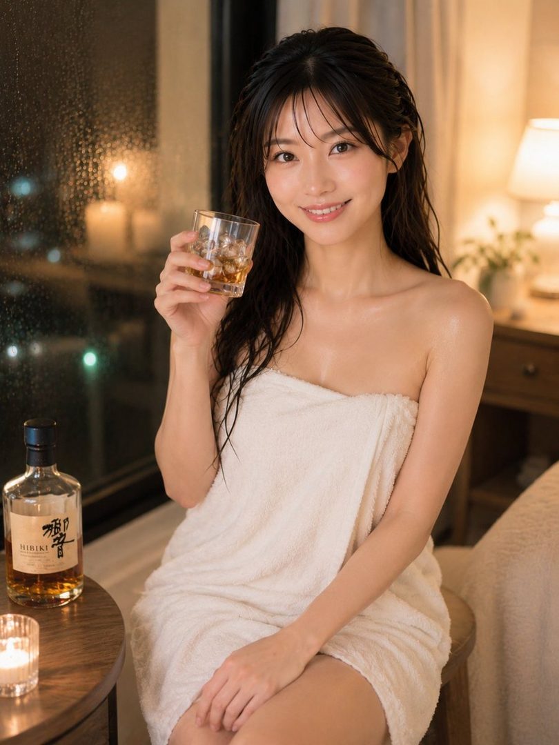 A beautiful woman wrapped in a white towel holds a glass of whiskey, smiling at the camera in a dimly lit room at night.