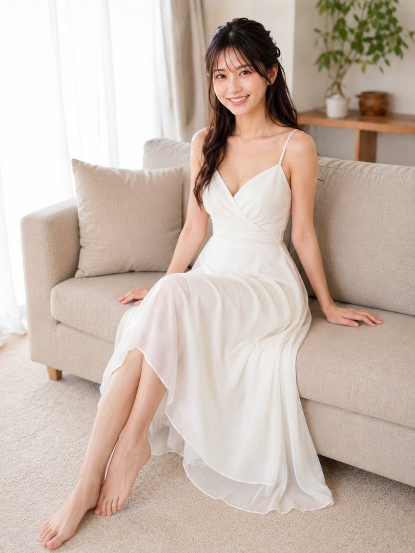 A smiling young woman with long brown hair sits barefoot on a sofa in a bright room, wearing a white spaghetti strap dress.