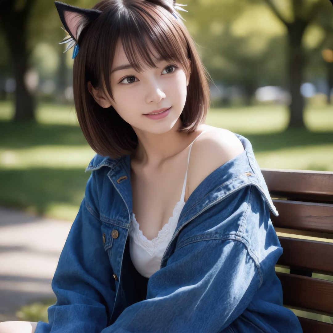 A cute East Asian woman with short brown hair and cat ears headband, wearing a denim jacket over a white lace top, sitting on a bench outdoors.