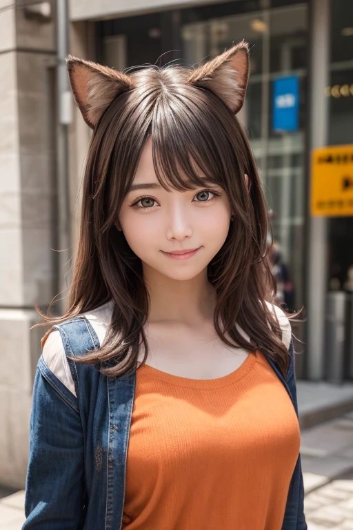 A photorealistic AI-generated portrait of a young woman with long brown hair and cat ears, wearing a denim jacket and an orange top, standing on a city street.