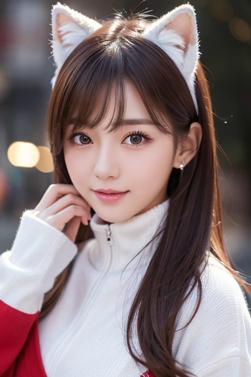 A photorealistic portrait of a young woman with long brown hair and bangs, wearing a white and red sweater and cat ear headband, looking at the camera outdoors.
