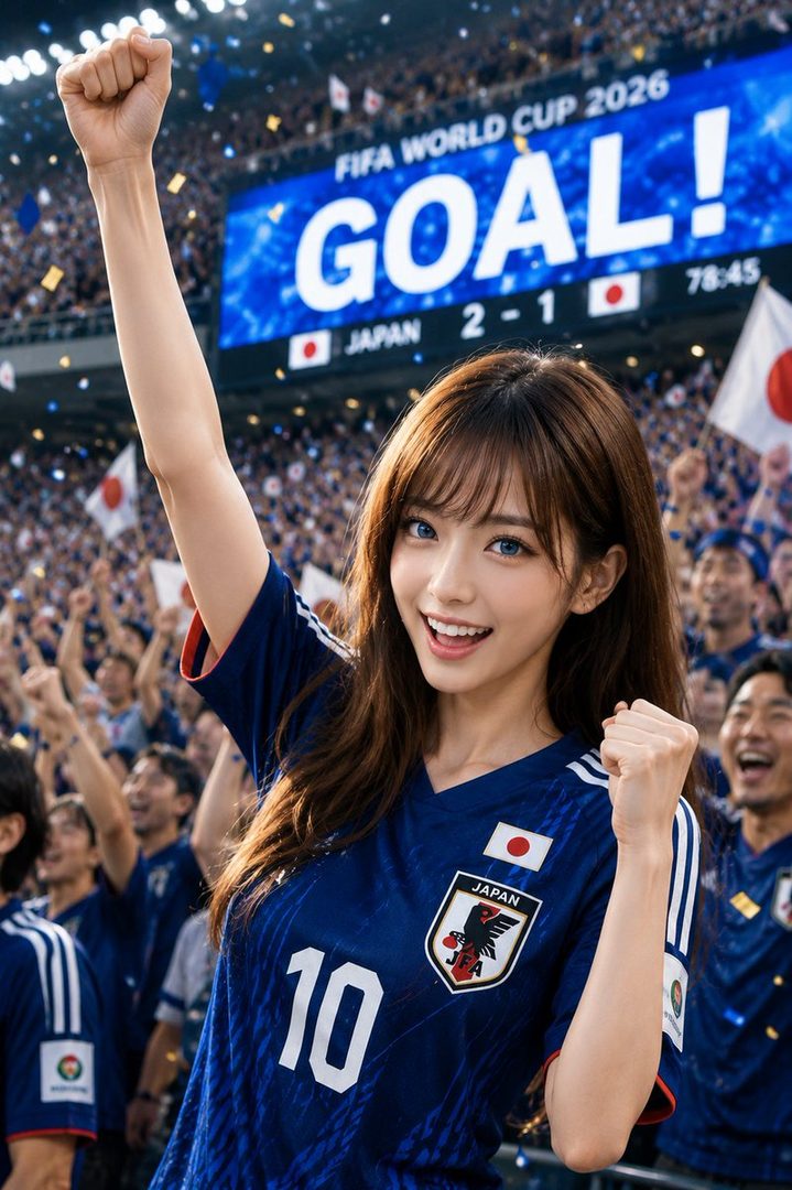 A young woman in a Japan national football team jersey cheers excitedly in a stadium with a "GOAL!" scoreboard in the background.