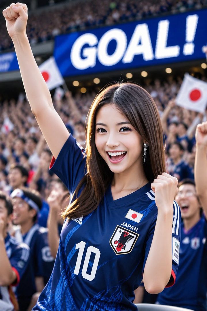 A young woman in a Japan national soccer team jersey cheers enthusiastically at a stadium, with a "GOAL!" sign in the background.