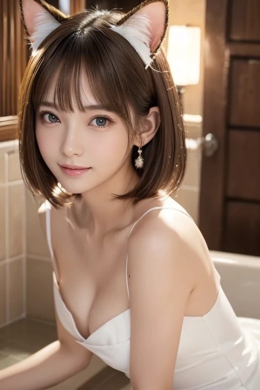 A photorealistic portrait of a young woman with brown hair and cat ears, wearing a white dress, looking directly at the viewer.