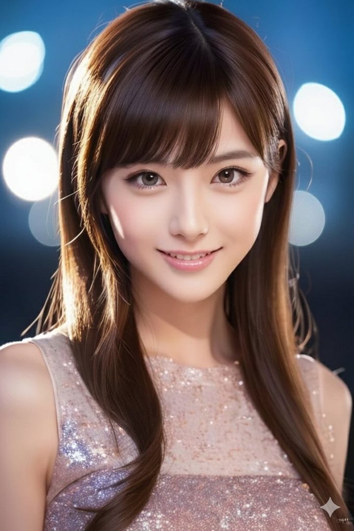 A photorealistic portrait of a young East Asian woman with long brown hair and bangs, wearing a sparkling dress, smiling against a blurred background with bokeh lights.
