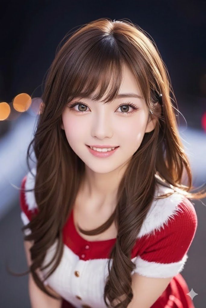 A beautiful young woman with long brown hair and bangs smiles gently at the camera, wearing a red and white knit top, with blurred lights in the background.