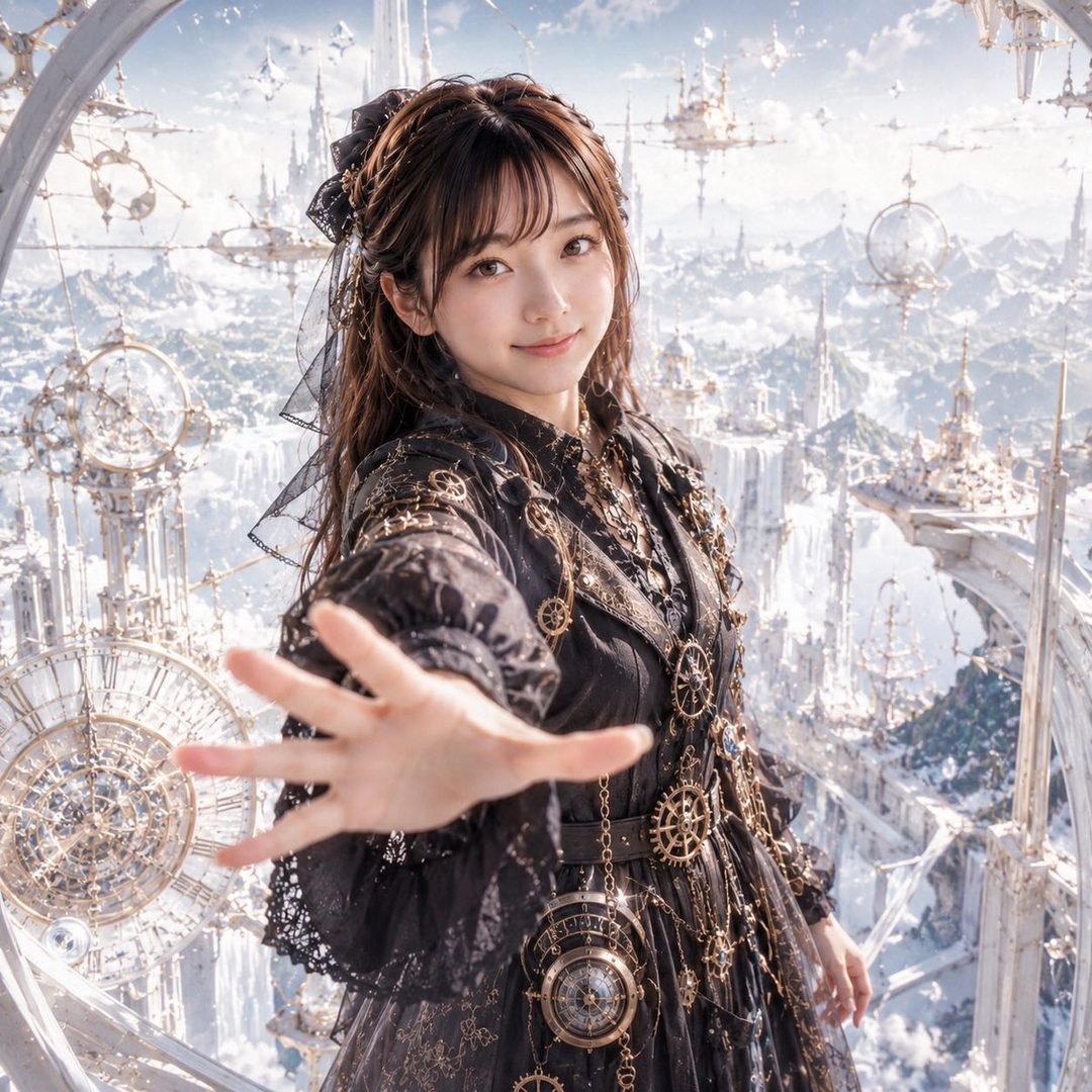 A photorealistic portrait of a young woman with long brown hair and bangs, wearing an elaborate black dress adorned with gears and chains, extending her hand towards the viewer, set against a fantastical backdrop of a city in the clouds with clockwork elements.
