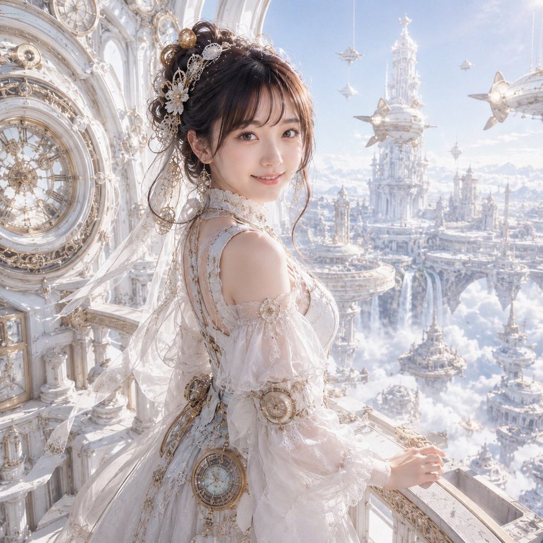 A beautiful woman in an ornate white dress with clockwork details stands on a balcony overlooking a fantastical steampunk city in the clouds.