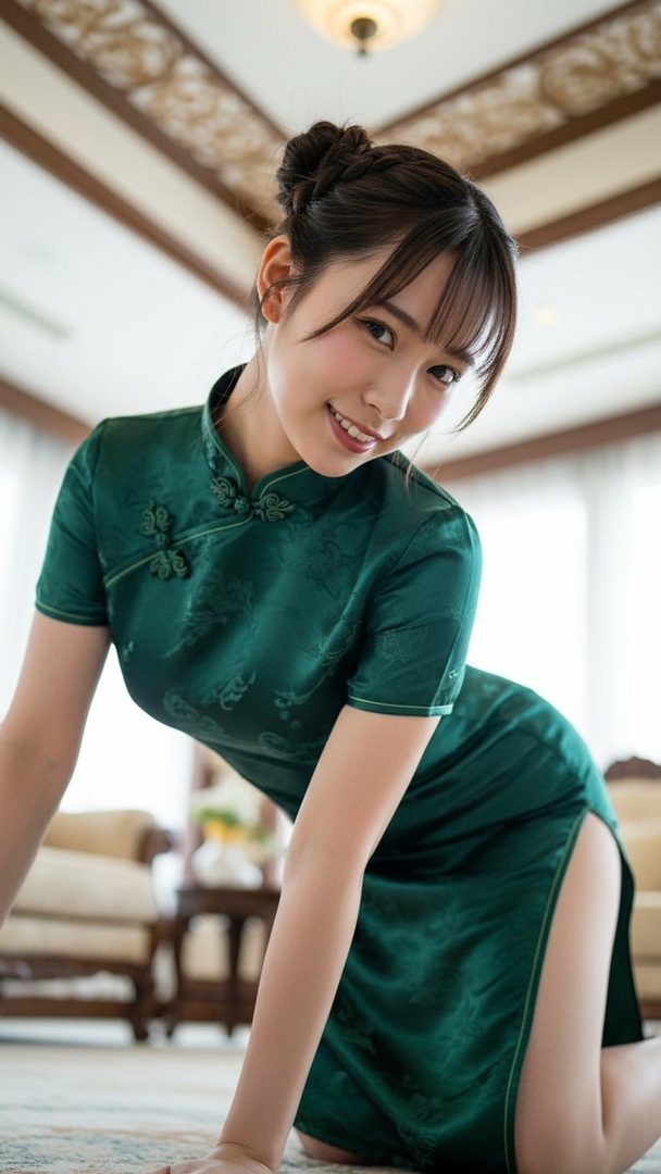 A young woman in a green cheongsam dress is kneeling on the floor, smiling at the camera.