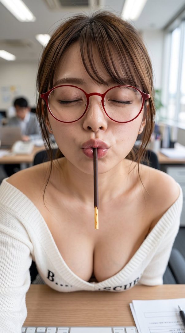 A woman with brown hair and red glasses holds a chocolate stick in her mouth, wearing a low-cut white knit top in an office setting.