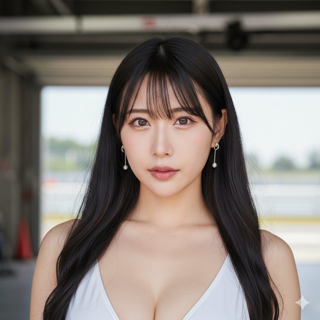 A photorealistic portrait of a young woman with long black hair and bangs, wearing a white top, looking directly at the camera.