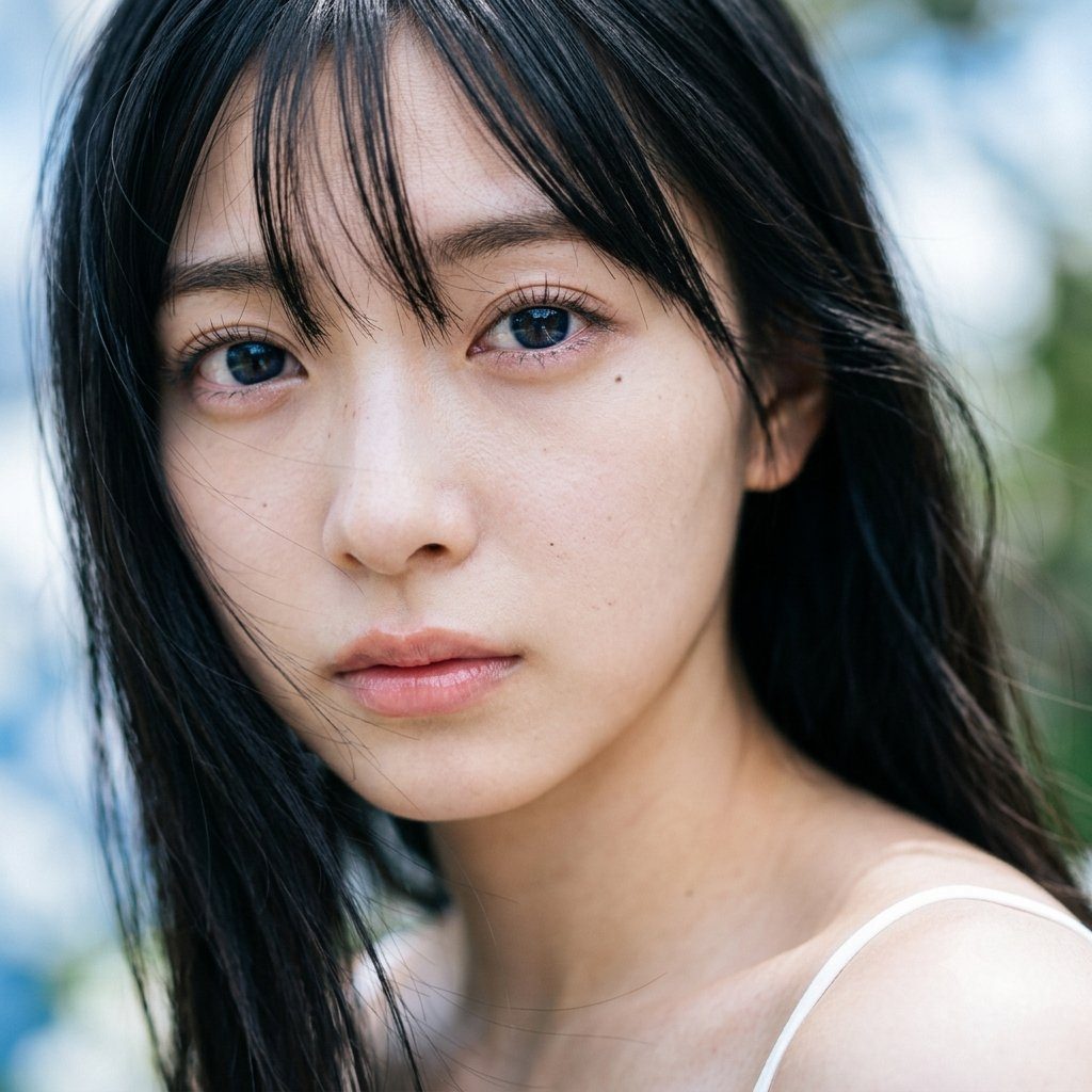 A close-up portrait of a young woman with long black hair and bangs, looking directly at the camera with a serene expression.