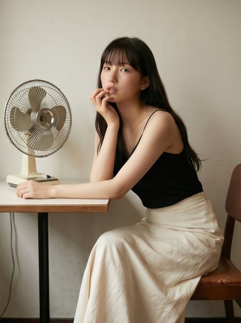 A young woman with long black hair and bangs sits at a table next to a vintage fan, wearing a black camisole and a light-colored skirt.