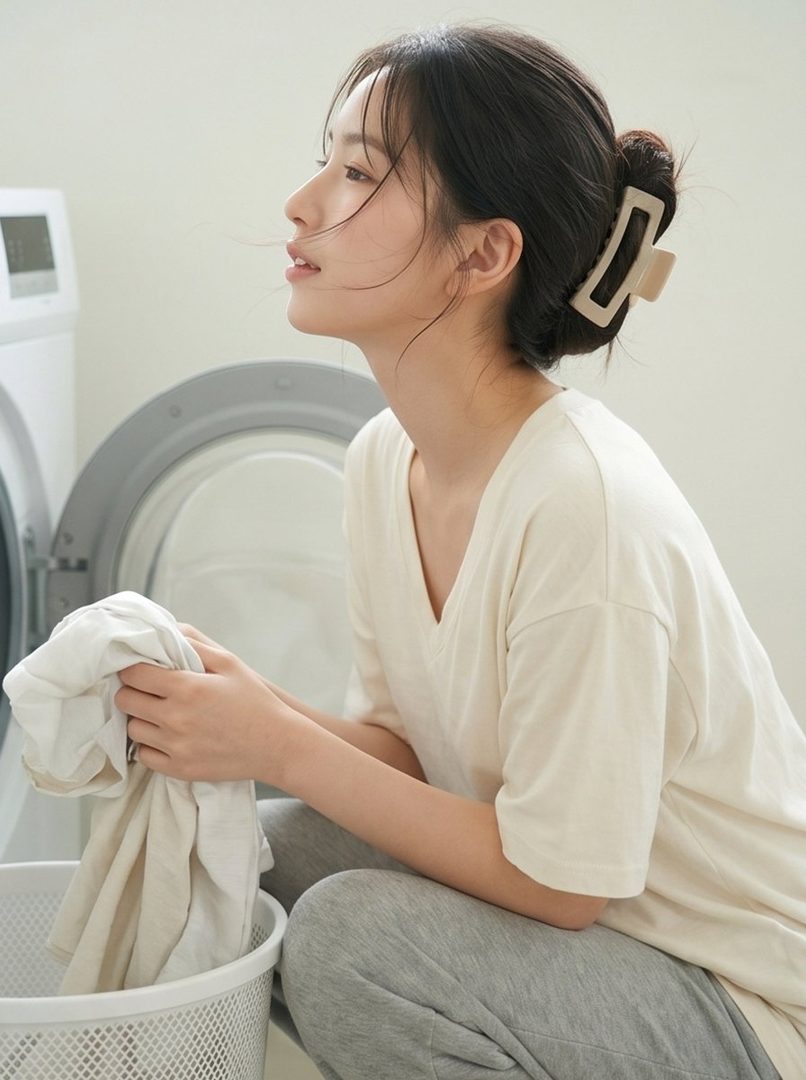 A young woman with dark hair tied back with a claw clip, wearing a light-colored t-shirt and grey sweatpants, is crouching next to a washing machine, holding laundry in a basket.