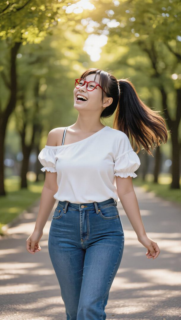 A cheerful young woman with red glasses and a ponytail walks outdoors, laughing brightly under dappled sunlight.