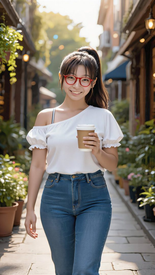 A young woman with a ponytail and red glasses smiles while walking down a charming street, holding a coffee cup.