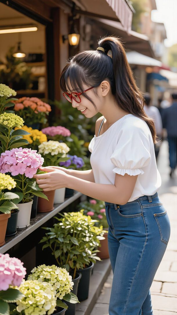 A young woman with black hair tied in a ponytail and red glasses smiles while looking at flowers on a street stall.
