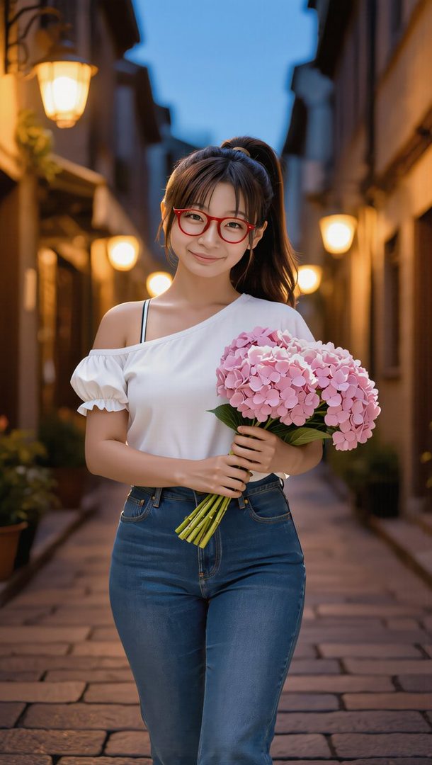A young woman with red glasses and a ponytail holds a bouquet of pink flowers while standing on a cobblestone street at night.