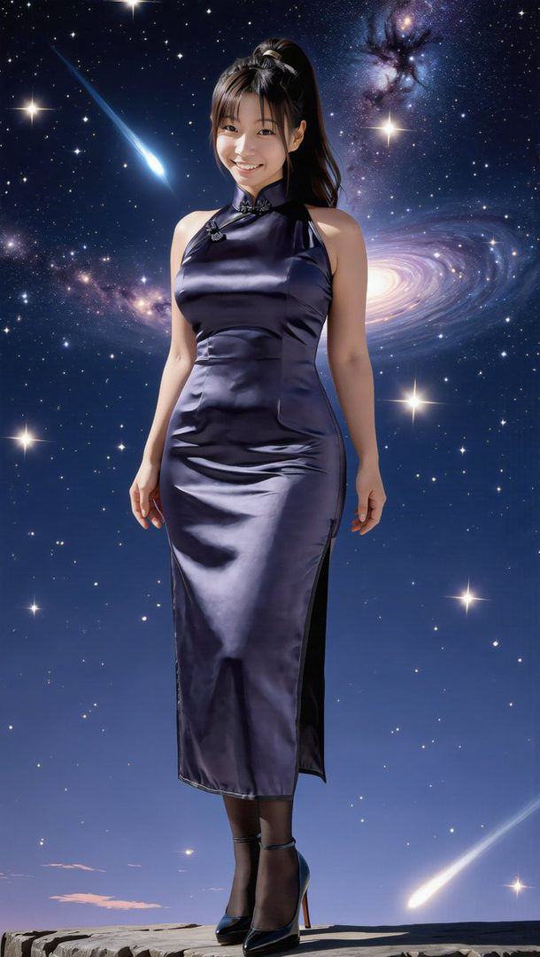 A smiling woman in a dark blue cheongsam stands against a starry night sky with shooting stars and galaxies.