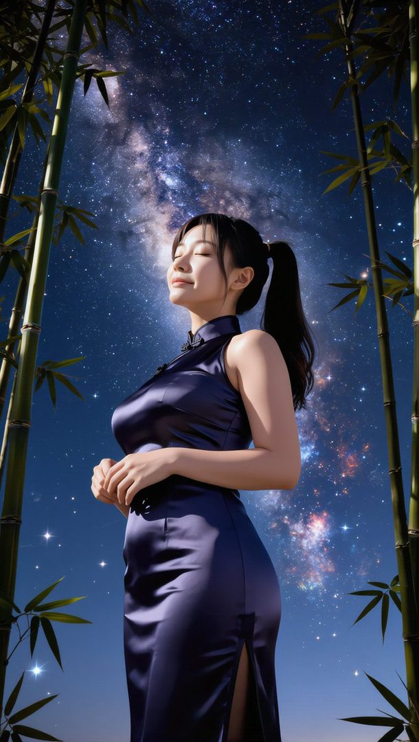 A woman in a dark blue cheongsam stands among bamboo stalks, looking up at a starry night sky with the Milky Way visible.