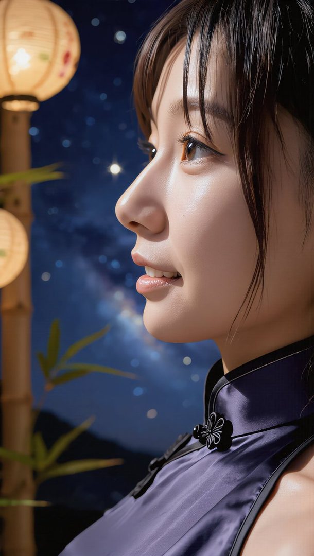 A photorealistic portrait of a young woman in a traditional Chinese dress, looking up at a starry night sky with lanterns and bamboo in the foreground.