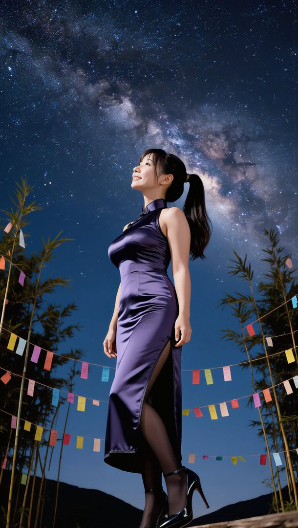 A woman in a purple cheongsam dress with a high slit and black heels looks up at the Milky Way in a night sky, with bamboo and colorful paper decorations in the foreground.