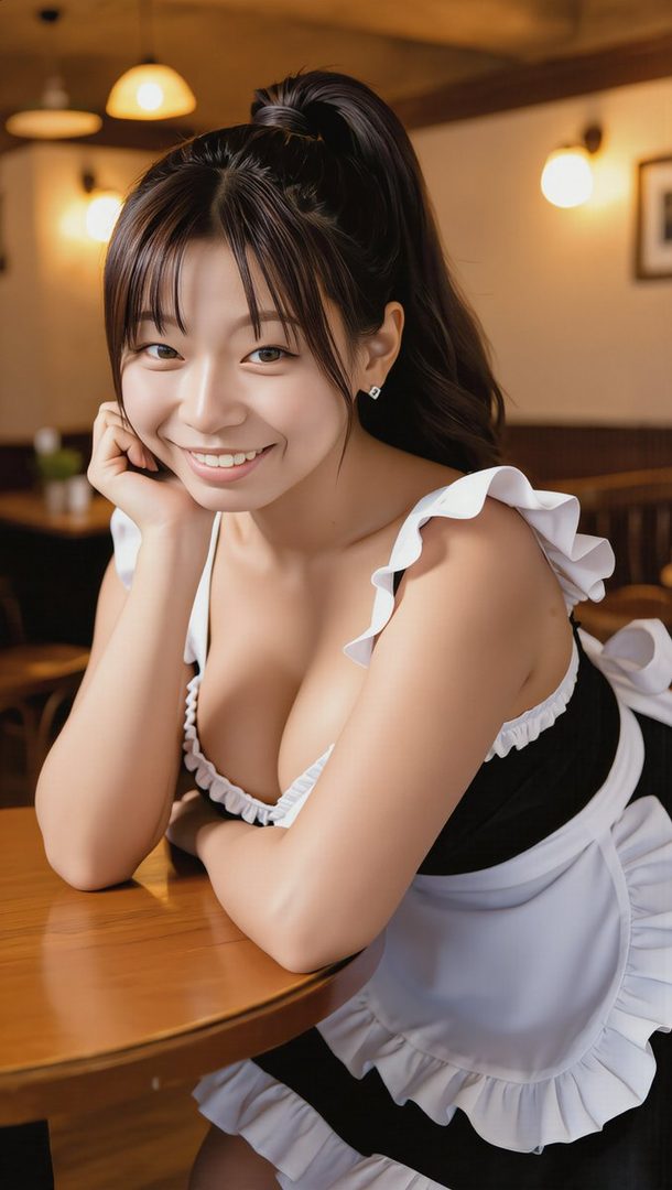 A smiling woman with black hair in a ponytail, wearing a maid outfit, leans on a wooden table in a cafe.