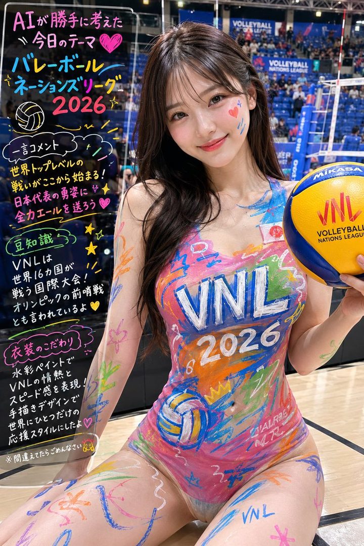 A young woman with long brown hair and colorful body paint, holding a volleyball, smiles at the camera in an indoor stadium.