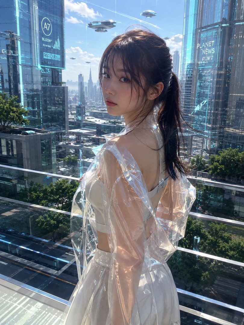 A woman with a ponytail and a transparent jacket looks over her shoulder in a futuristic city with flying vehicles.