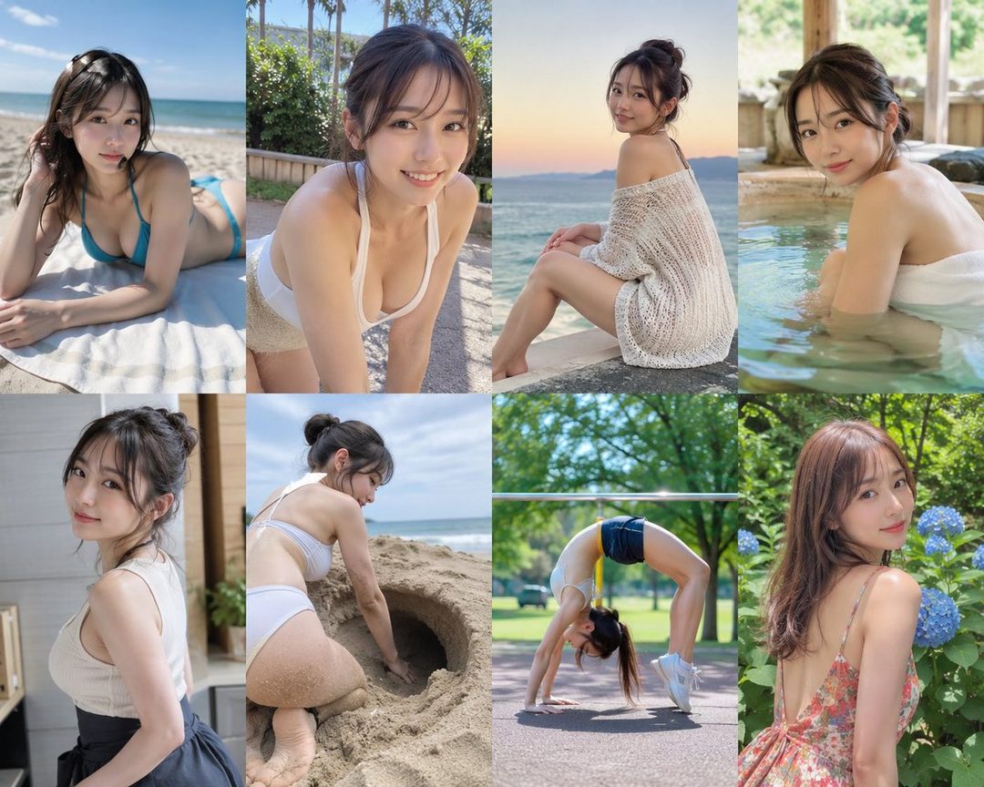 A collage of eight photorealistic images of a Japanese woman in various settings, including a beach, an outdoor hot spring, and a park, wearing different outfits like swimwear and casual dresses.