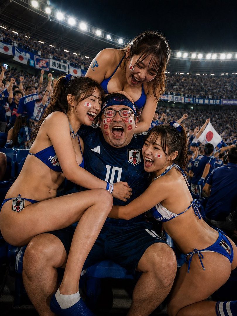 Three women in blue and white swimwear with Japanese flag face paint pose playfully with a man in a Japan soccer jersey at a stadium.