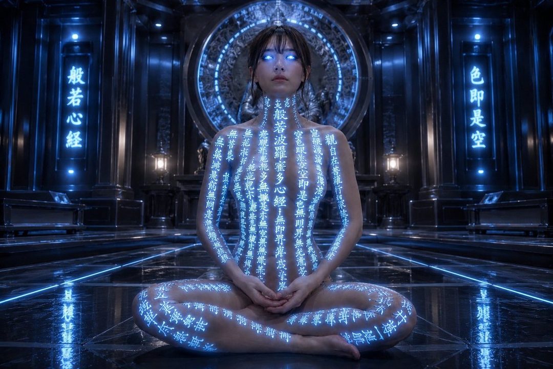 A woman with glowing blue eyes and glowing blue text covering her body sits in a meditative pose in a dark, futuristic room with blue lighting.