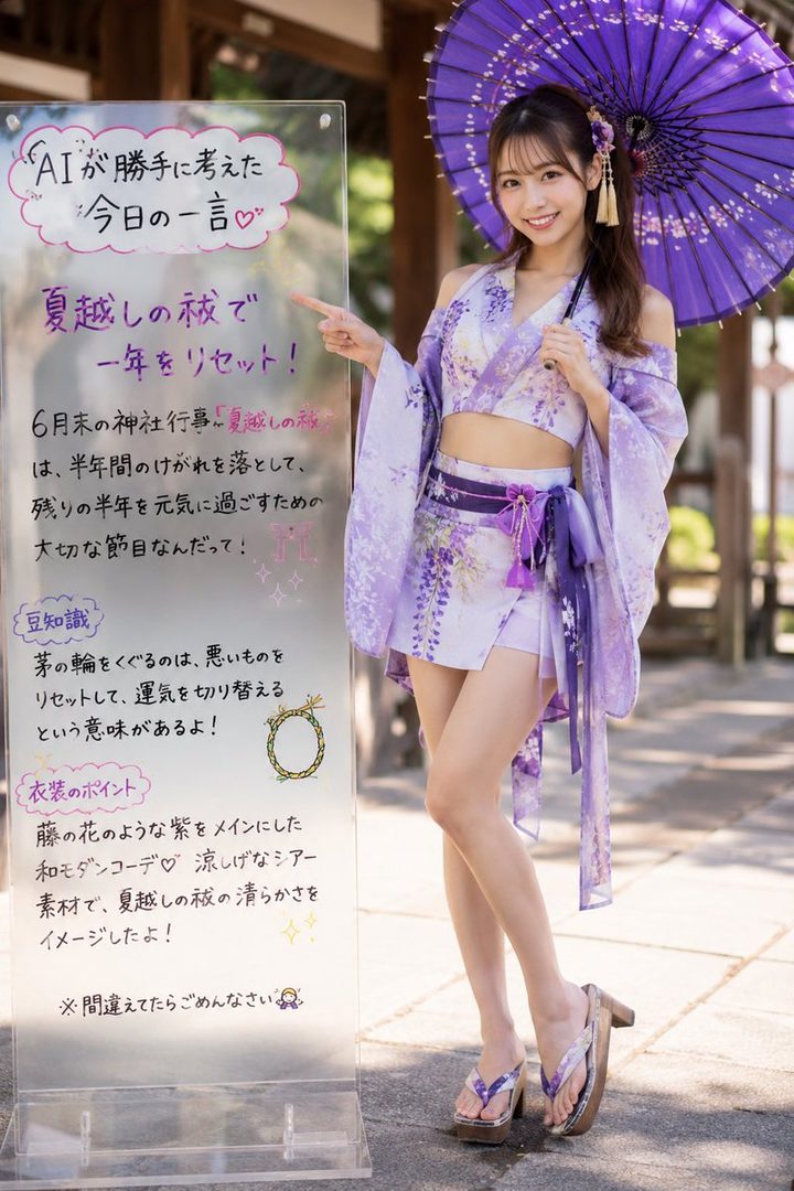 A smiling Japanese woman in a purple kimono-style outfit and holding a matching umbrella stands next to a clear sign with Japanese text.