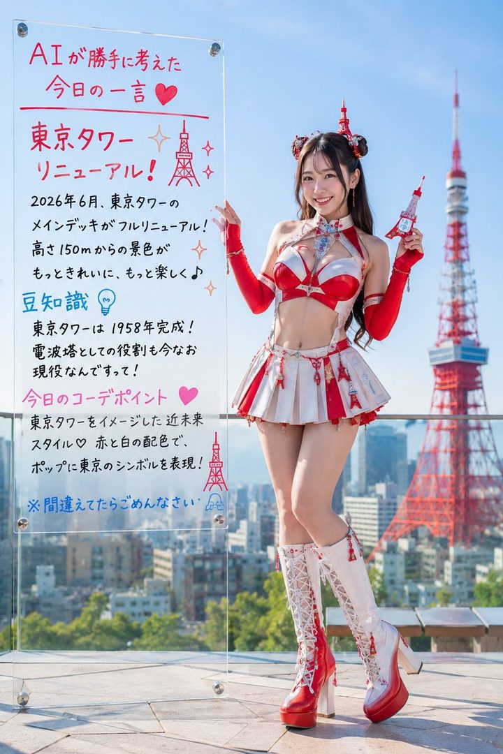 A woman in a red and white outfit with Tokyo Tower in the background, holding a miniature Tokyo Tower.