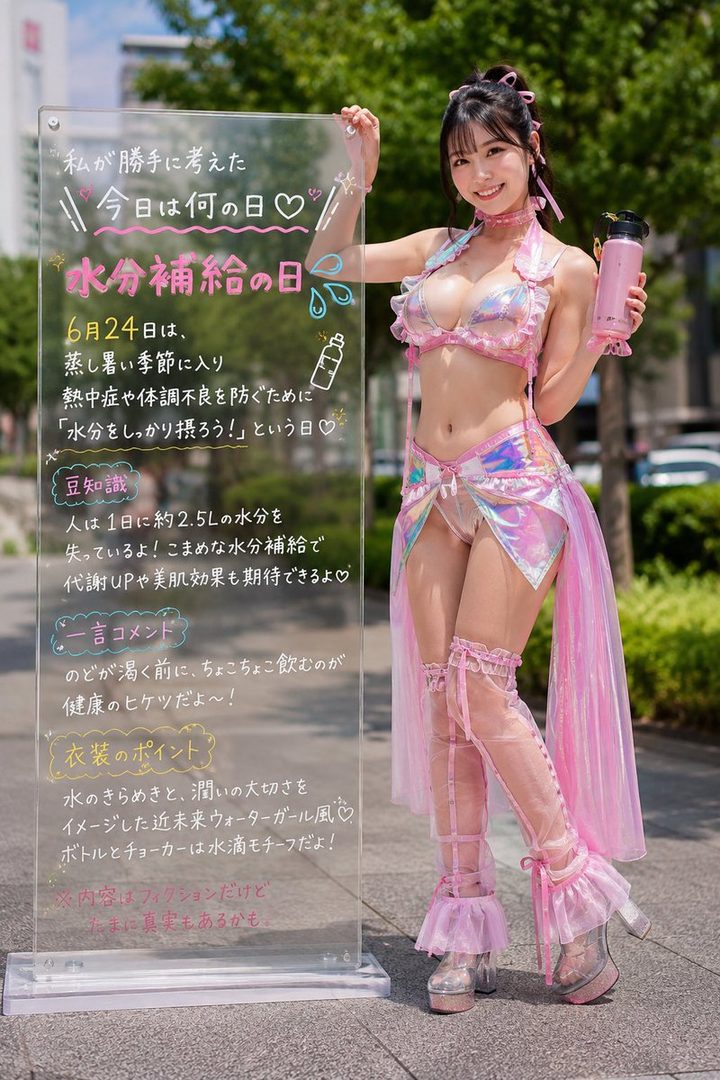 A Japanese woman in a pink holographic bikini and sheer pants stands outdoors holding a pink water bottle next to a clear sign with Japanese text.