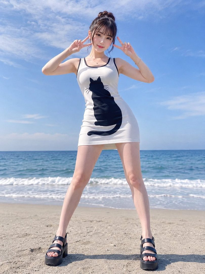 A young woman in a white dress with a black cat graphic poses on a sandy beach with the ocean in the background.