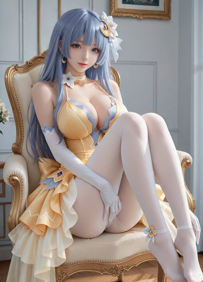 A photorealistic AI-generated image of a woman with long blue hair, wearing a yellow dress and white gloves, sitting on an ornate chair.